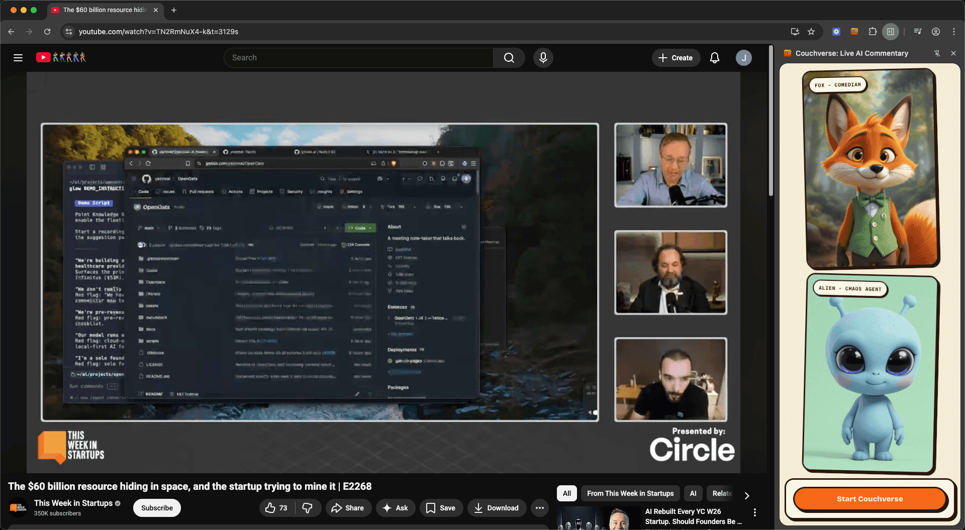 Couchverse extension UI showing Fox and Alien commenting on a YouTube video